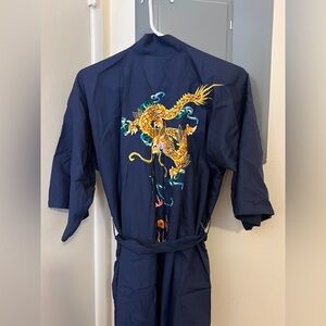 Vintage Chinese Golden Dragon Embroidered Robe Kimono Size S, Maxi